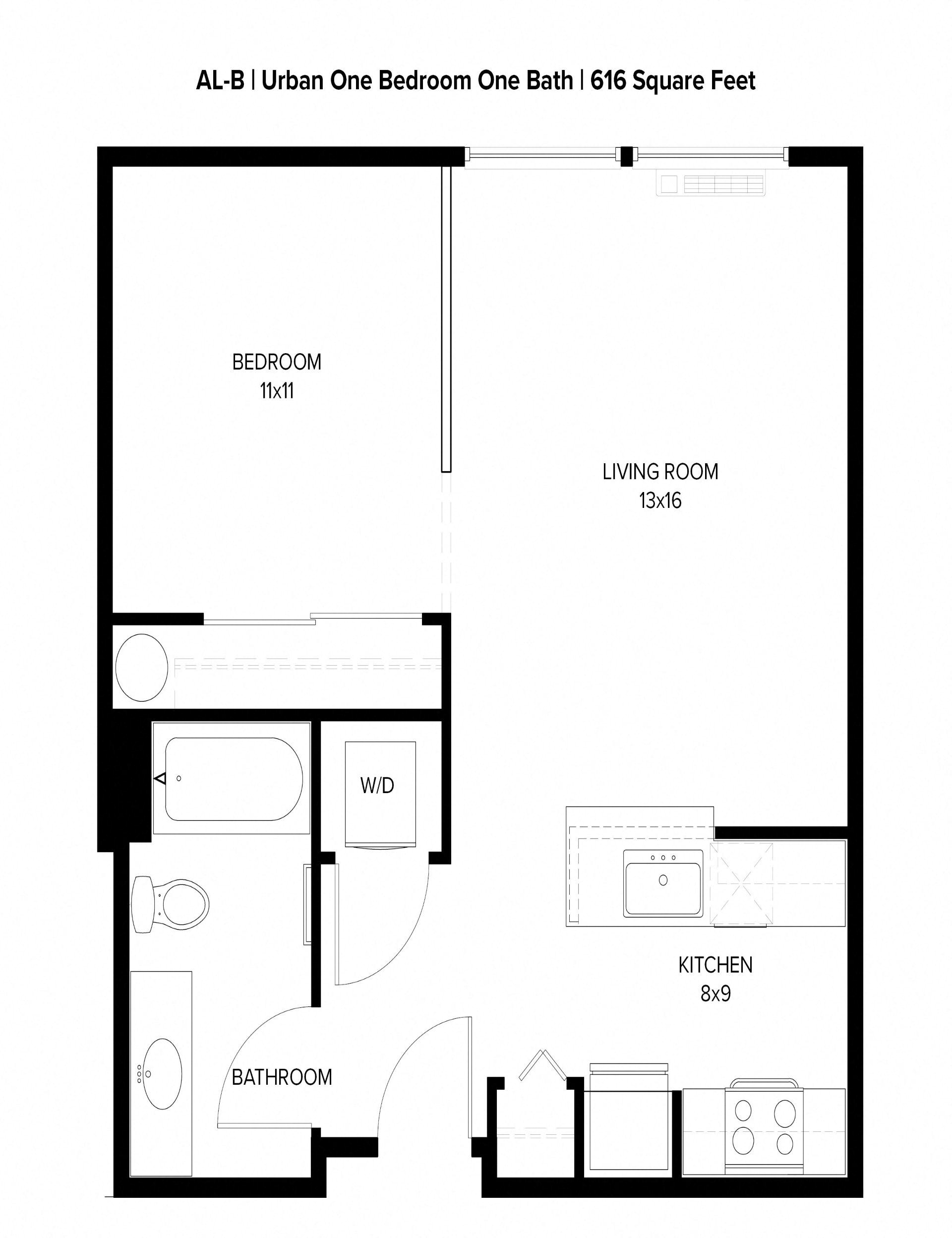 Floor plan for 1 bed, 1 bath, 616 sqft